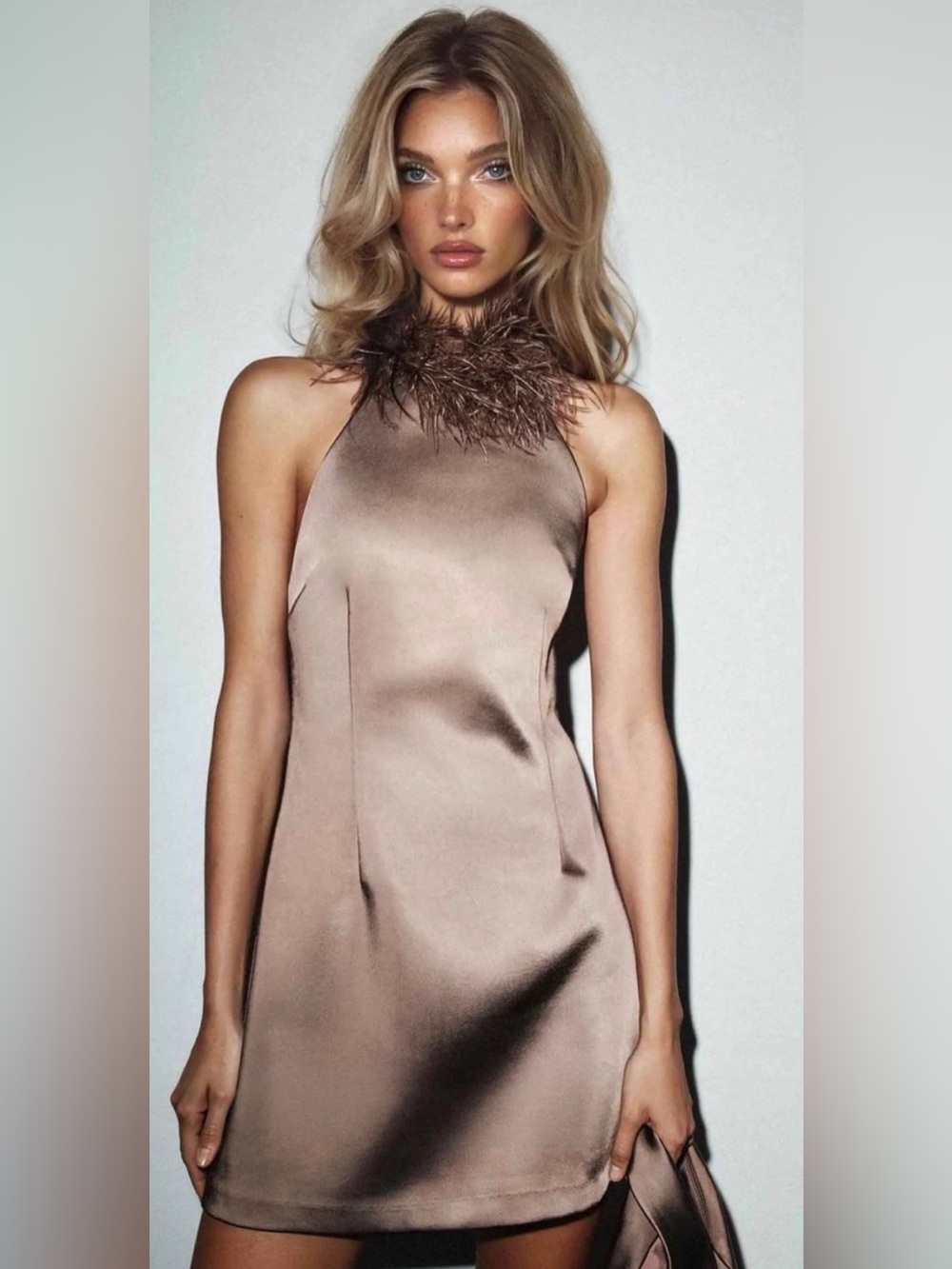 Zara bloggers favorite taupe satin mini halter dress with chic feather trim